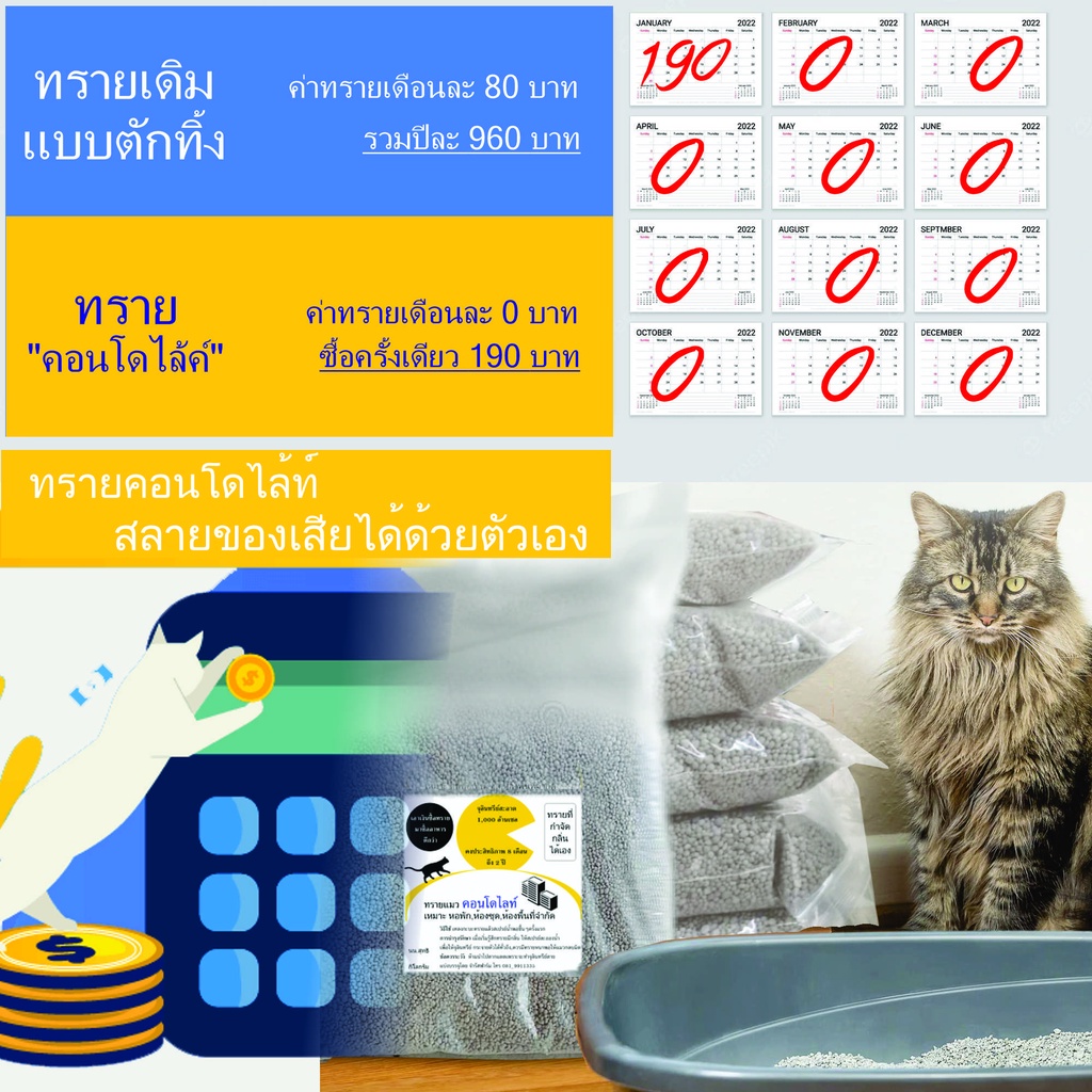 ทรายแมว สลายกลิ่นเอง ทรายไม่ต้องทิ้ง ประหยัดเงินนานปี(อ่านการบำรุงรักษา) Condolike