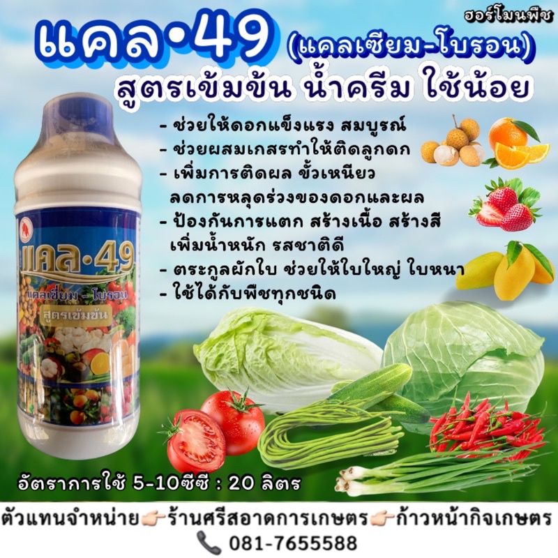 แคล49 1L แคลเซียม+โบรอน สูตรเข้มข้น สร้างสีเมล็ด เพิ่มการติดดอก ผล ป้องกันการแตกผล