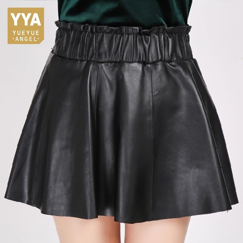 New Genuine Leather Slim A-Line Skirts Women Black Elastic Waist Soft ...