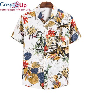 COZY UP เสื้อเชิ้ตแขนสั้นสไตล์อังกฤษลำลองสำหรับบุรุษ lapel cotton Soft Slim Print