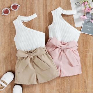 LAA6-Little Girls Three Pieces Clothes Outfit, Halterneck Oblique Shoulder Sleeveless Vest + Shorts + Waist Belt