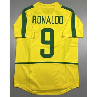 เสื้อบอล ย้อนยุค ทีมชาติ บราซิล 2002 เหย้า Retro Brazil Home พร้อมเบอร์ชื่อ 9 RONALDO หรือเบอร์ชื่ออื่นๆ แชมป์บอลโลก