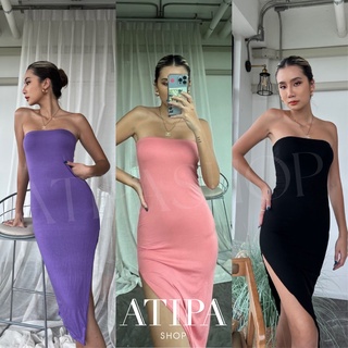 Atipashop - Mia dress เดรส เดรสยาว ทรงเกาะอก ผ่าข้าง มีหลายสีให้เลือก