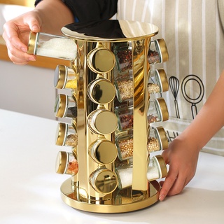 Gold jar Combination of stainless steel rotating spice jars 20pcs glass spice bottle combination