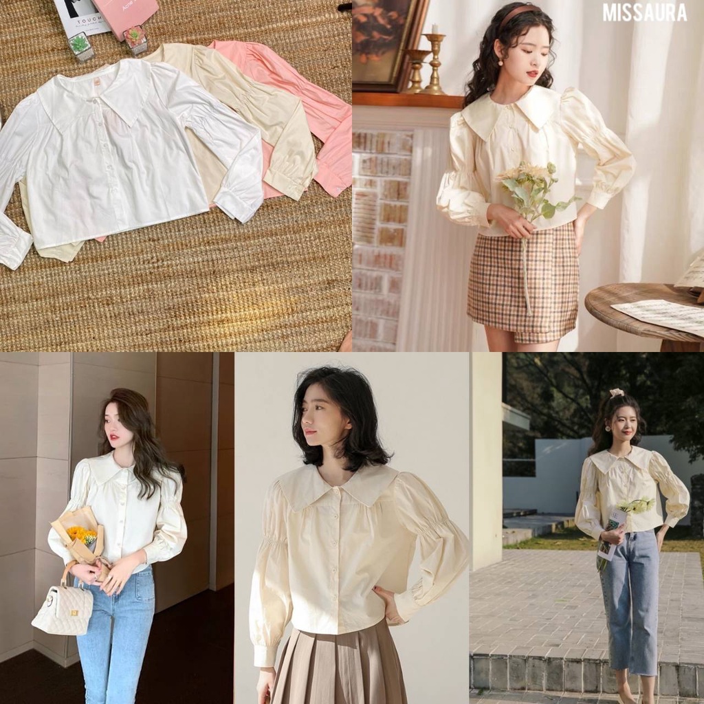 Siwa Shop  เสื้อคอปกแขนยาวผ้าคอตตอนอย่างดีสวยงาม #8805 (INT2J)