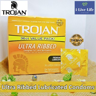 โทรจัน ถุงยางอนามัย รุ่นมีลวดลายเพิ่มการกระตุ้น TROJAN® Ultra Ribbed Lubricated Condoms 5, 10 , 24 or 36 Pieces คอมดอม