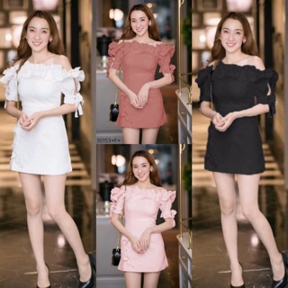 GN10153  Dress เดรสปลาดไหล่ระบาย 2 ชั้น แขนผ่า 2