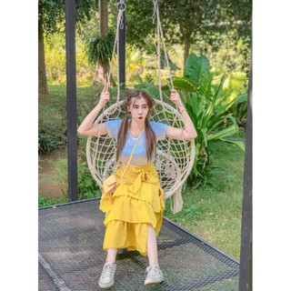 ชุดเซ็ท​เสื้อยืดคอกลมเนื้อดี+กระโปรงเอวสูงระบาย3ชั้น