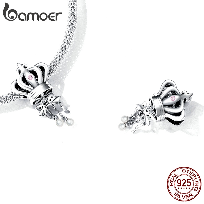 Bamoer สร้อยข้อมือเงิน 925 จี้มงกุฎ และพัด ประดับลูกปัดหัวใจ เครื่องประดับแฟชั่น สไตล์เจ้าหญิง