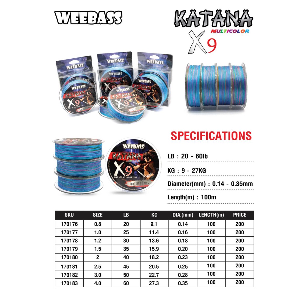 สายPE Weebass รุ่น Katana X9 100m. ขนาด 20-60lb