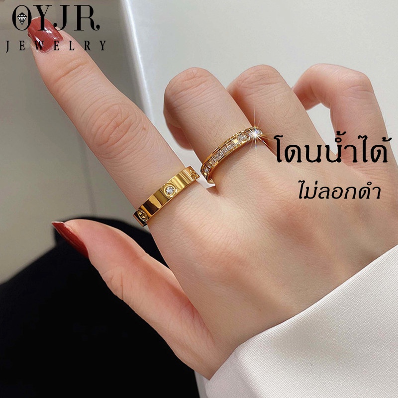 OYJR แหวนเพชรสแตนเลส ประดับเพชรหกเหลี่ยม สีทอง สำหรับผู้หญิง