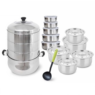 👍Stainless Steamer Set ชุดซึ้งนึ่ง 3 ชั้น 28 cm + หม้อแขก 5 ใบ + โถเงิน 5 ใบ + กระบวยไนล่อน