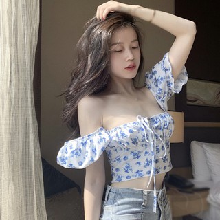 เสื้อครอปท็อปเสื้อท็อปแขนสั้นลายดอกไม้ลูกไม้แบบสลิมสําหรับผู้หญิง