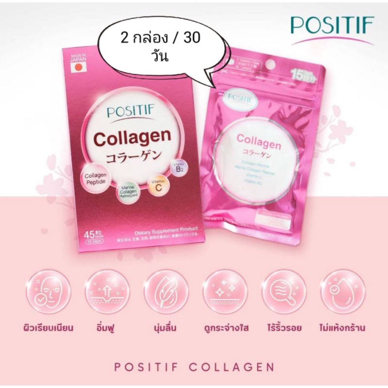 ส่งฟรี‼️คอลลาเจนญี่ปุ่นชนิดเม็ด Collagen คอลลาเจน Positif Collagen 45 เม็ด/2กล่อง (30 วัน)