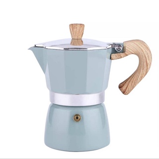 (สีฟ้าเทา ด้ามลายไม้) หม้อต้มกาแฟสดมอคค่าพอท (MOKA POT) อลูมิเนียม 3 ถ้วย (150 ml) By สุวภัทร SWP Shop