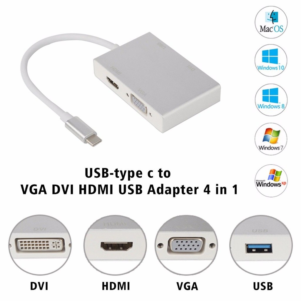 4 in1 USB 3.1 Type C to HD+VGA+DVI+USB3.0 Female Adapter for Macbook Laptop