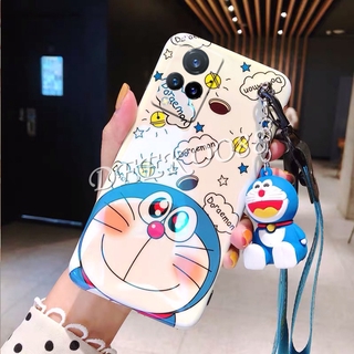 เคสโทรศัพท์ VIVO V21 5G 2021 New Case with Hand Strap + Neck Strap Cute Doraemon Doll Bracket Cartoon Phone Case Casing Blu-ray Soft TPU Cover เคส VIVOV21