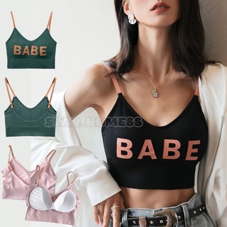 CB-9050 เสื้อครอปสายเดี่ยว รุ่น BABE สปอร์ตบราแฟชั่นสกรีนลาย บราายเดี่ยวไร้โครง