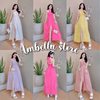 ♥️เดรสน่ารัก สีสวย ♥️ พร้อมส่ง เดรสไปทะเล สวยมาก สายผูกมีหลายสี ชุดเดรสยาว Ambella