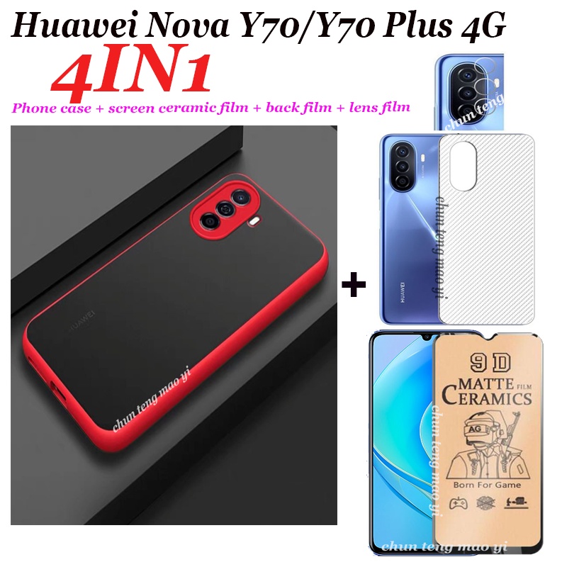 4 in 1 Huawei Nova Y70 Y70 Plus Nova 9SE Nova 7i เคสโทรศัพท์ ฝ้า เป็นมิตรกับผิวหนัง + ฟิล์มเซรามิค นิ่ม หน้าจอ + ฟิล์มเลนส์ + ฟิล์มด้านหลัง