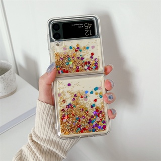 เคสโทรศัพท์มือถือ แบบกลิตเตอร์ในของเหลว ลายหัวใจ สําหรับ Samsung Galaxy Z Flip 5 4 ZFlip 3 Zflip5