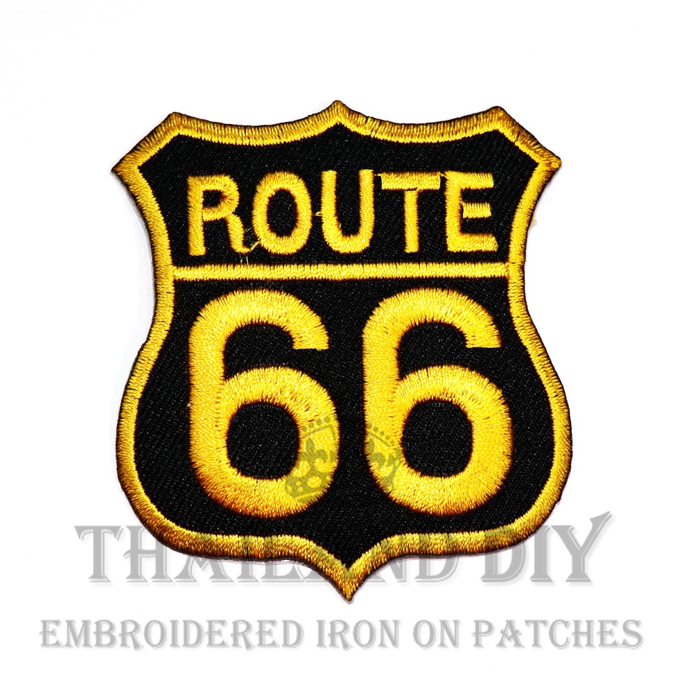 ตัวรีดติดเสื้อ ป้ายถนน สีเหลือง รูท66 Route66 Patch งานปัก WOP DIY ตัวรีด อาร์มติดเสื้อ กางเกง ยีนส์