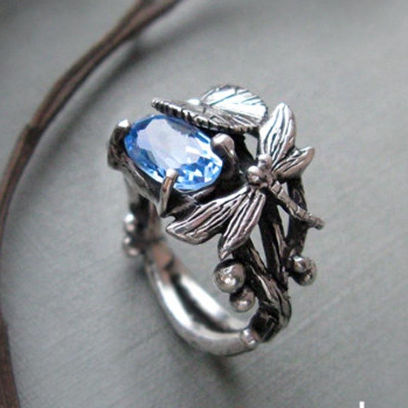 2.25CT Aquamarine Oval Cut Diamond Gem Dragonfly Lotus Ring Wedding Band
