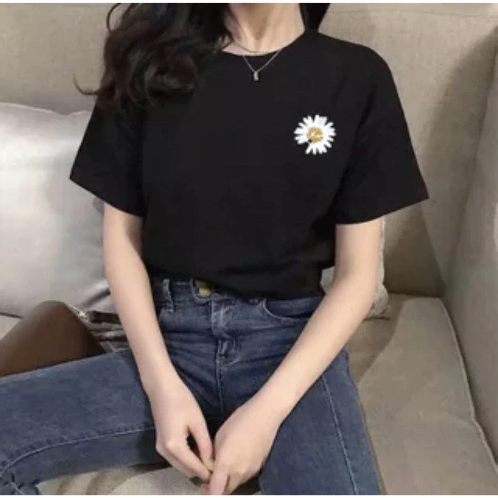 เสื้อยืดคอกลมแขนสั้น ลายดอกเดซี่ สไตล์เกาหลี