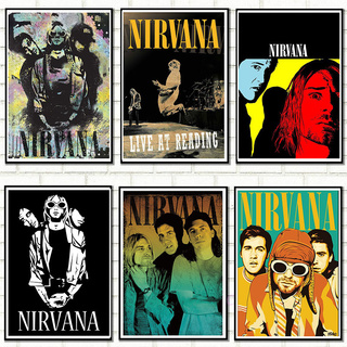 โปสเตอร์กระดาษคราฟท์ ลายวง Nirvana สไตล์เรโทร สําหรับตกแต่งผนังบ้าน บาร์ ออฟฟิศ ร้านกาแฟ