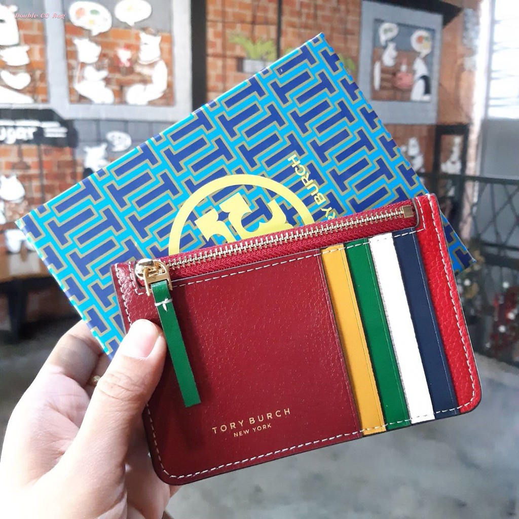 แท้ ?%‼) TORY BURCH PERRY COLOR-BLOCK TOP-ZIP CARD CASE | Shopee Thailand