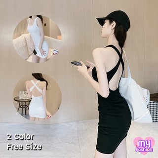 🎴MYF มาใหม่🎴มินิเดรสผ้าร่องทรงเข้ารูป แต่งไขว้หลัง 2 สี