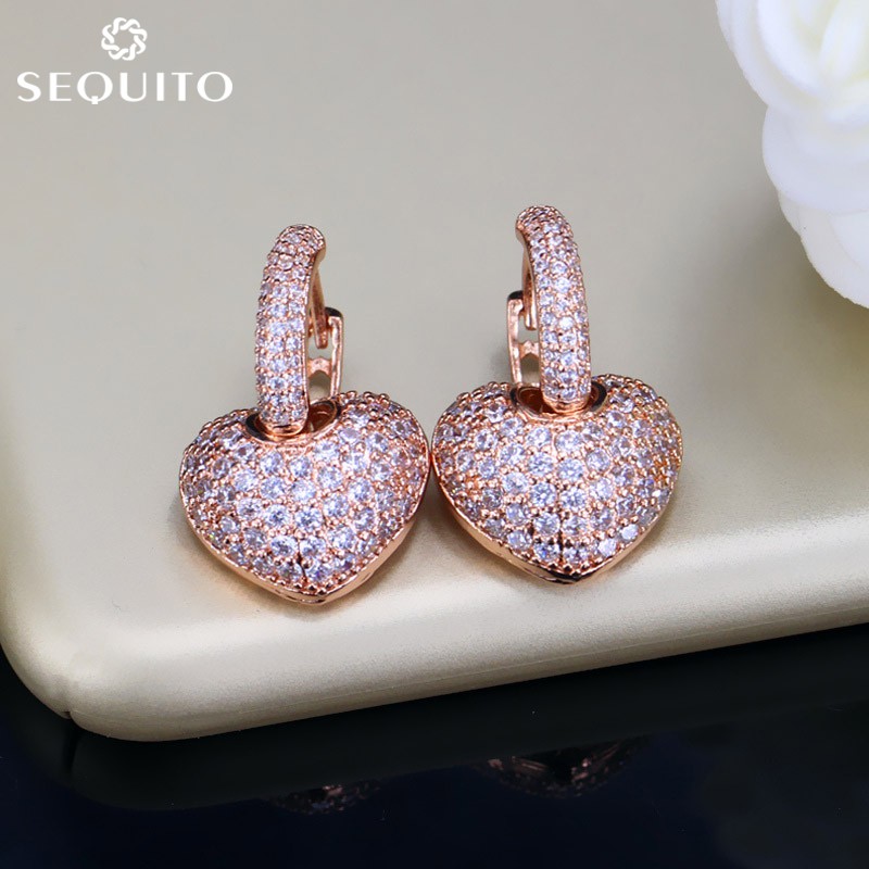 Sequito Rose Gold Dual Purpose Hoop ต่างหูหัวใจ Eardrop Sparkly CZ คริสตัลขนาดเล็ก Dangle ต่างหูผู้หญิงวันวาเลนไทน์ E061