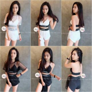 Bikini 3pcs เสื้อบลา+กางเกง+เสื้อคลุม สกรีน chanel