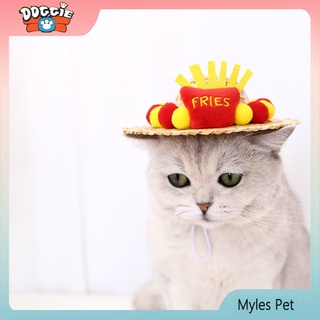 ★〓Myles Pet〓★ หมวกฟางกันแดดลายการ์ตูนน่ารักปรับได้สําหรับสัตว์เลี้ยงสุนัขแมว