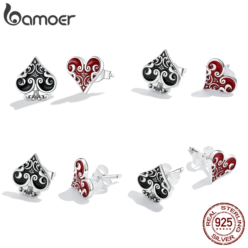 Bamoer ต่างหูเงิน 925 รูปโป๊กเกอร์ สีดํา และสีแดง เครื่องประดับแฟชั่น สําหรับผู้หญิง (1 คู่) SCE1378