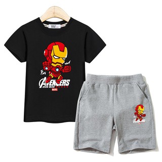 เสื้อเชิ้ตเด็ก+กางเกงขาสั้นเด็กชาย Boys iron man clothes kids Avengers set