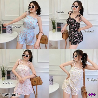 TwinsShopVip💗พร้อมส่ง TW17802 Set 2 ชิ้น เสื้อสายเดี่ยวผูกไหล่ลายดอกไม้ + กางเกงขาสั้นลายดอกไม้ ..