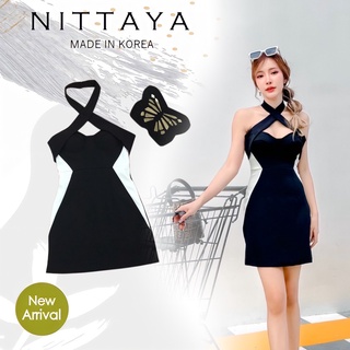 งานป้าย NITTAYA การันตีเสื้อผ้าคุณภาพ มินิเดรส เดรสเกาะอกดำแถบข้างสีขาวมีสายคล้องคอได้