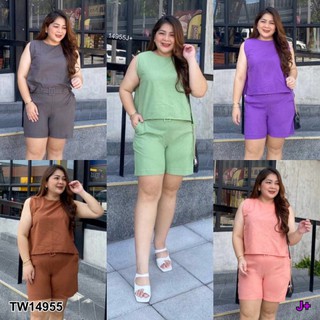 Set 3 ชิ้น #BigSize เสื้อแขนกุด+กางเกงขาสั้น+เข็มขัด TT14955 Set of 3 pieces #BigSize sleeveless shirt + shorts + belt