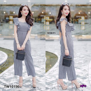 👗Pfashion [ส่งไว!!🚛] P10156 จั้มสูทลายสก็อตขายาวไหล่ระบายRuffled shoulder-length plaid jumpsuit