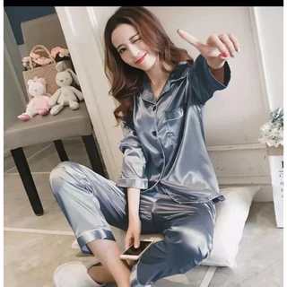 2222 (M-5XL) ชุดนอนคอปกผ้าซาตินแขนยาว เสื้อ+กางเกง สีพื้นทรงตรงผ้านิ่มลื่น ราคาถูก สินค้าพร้อมส่งจากไทย