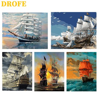 DROFE ภาพวาดระบายสีตามตัวเลข ผ้าใบ รูปเรือใบในทะเล พร้อมสี ขนาด 50X40 ซม.