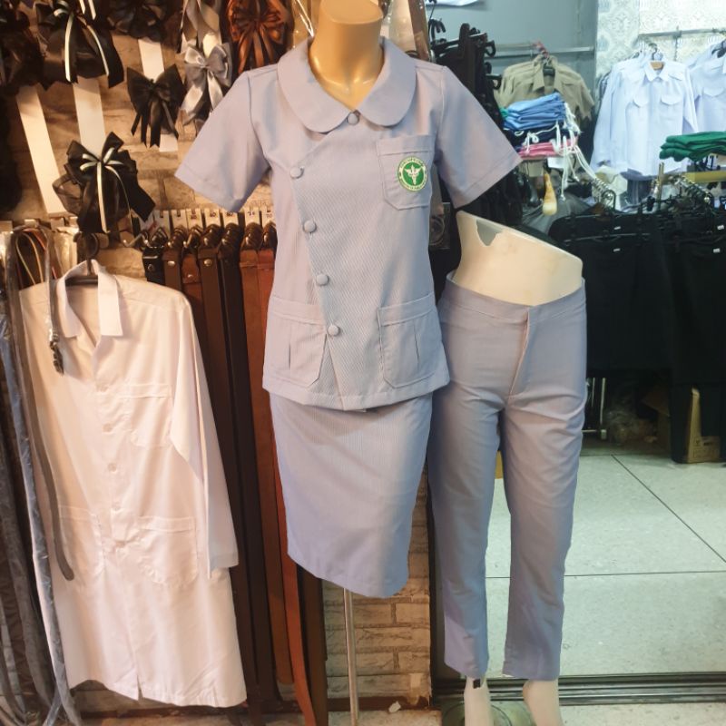 กระโปรงริ้วฟ้ามีซัปใน299เสื้ออนามัยคอบัวป้าย