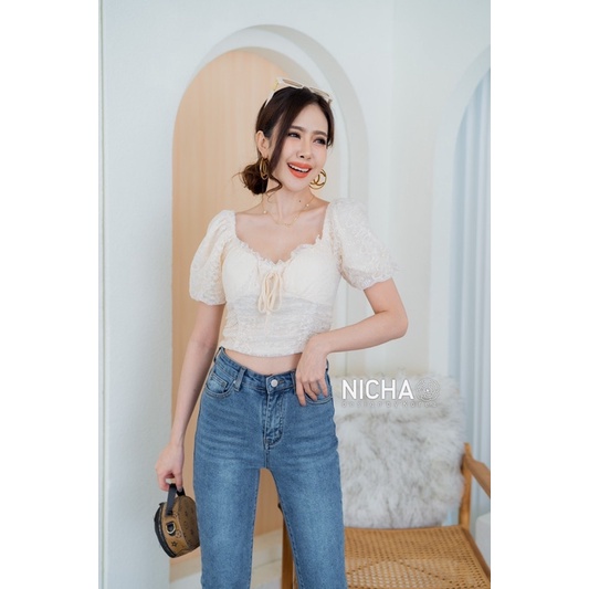 NICHA online🛒🌈เสื้อครอป แขนตุ๊กตา ผ้าลูกไม้ เสริมฟองน้ำ แต่งโบว์อก มีซิปด้านหลัง สามารถปรับได้ น่ารักๆๆ 🌸🥰 - รูปที่ 6