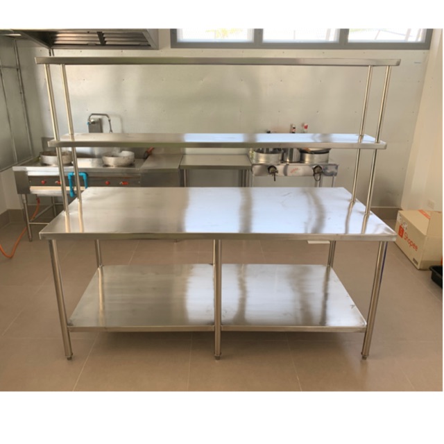 โต๊ะเตรียมอาหาร สแตนเลส แบบ 2 ชั้น มีชั้นลอย เกรด 304 ขนาด 80x180x160 cm รุ่นหนา 1.2mm
