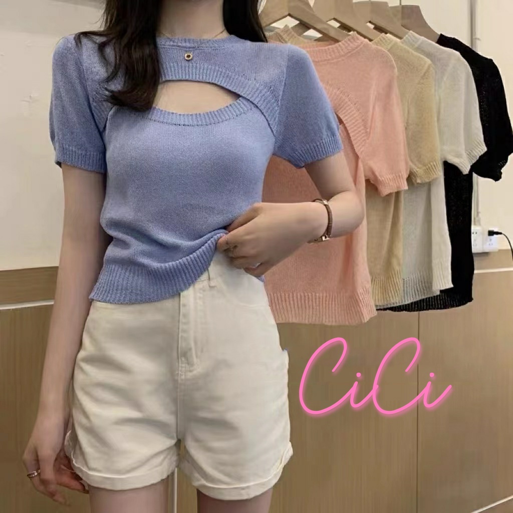 ส่งทันที Cici ❣🇹🇭🚚พร้อมส่ง❣(NO. 88116)เสื้อไหมพรมแขนสั้น สีพื้น เว้าอกเพิ่มความเซ็กซี่ น่ารักแอบแซ่บนิดๆ