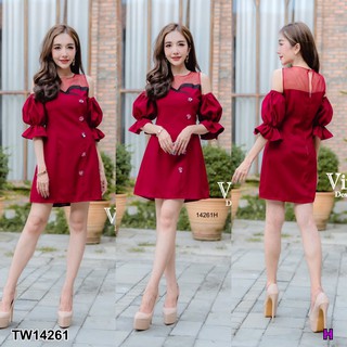 TwinsShopVip💗พร้อมส่ง TW14261 เดรสเปิดไหล่แขนพอง