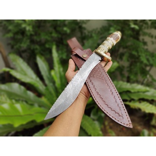 มีดกูรข่า มีดดามัสกัส (Kukri Damascus Knife) ใบ 10" มีดใบตาย มีดเดินป่า มีดแคมป์ ด้าม ขก ต่อกระดูกเฟรมทองเหลือง ซองหนัง