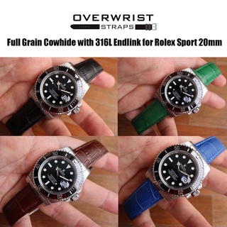 สายนาฬิกา สายหนังวัวแท้ overwrist Full Grain Cowhide with 316L Endlink for Rolex Sport 20mm