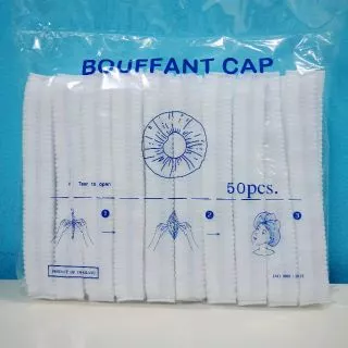 หมวกตัวหนอน เกรดส่ง​ รพ. (แพ็ค​ 50​ ชิ้น)​หมวกคลุมผม​ใยสังเคราะห์ ใช้แล้วทิ้ง​แบบหนา​ กันละอองน้ำได้​